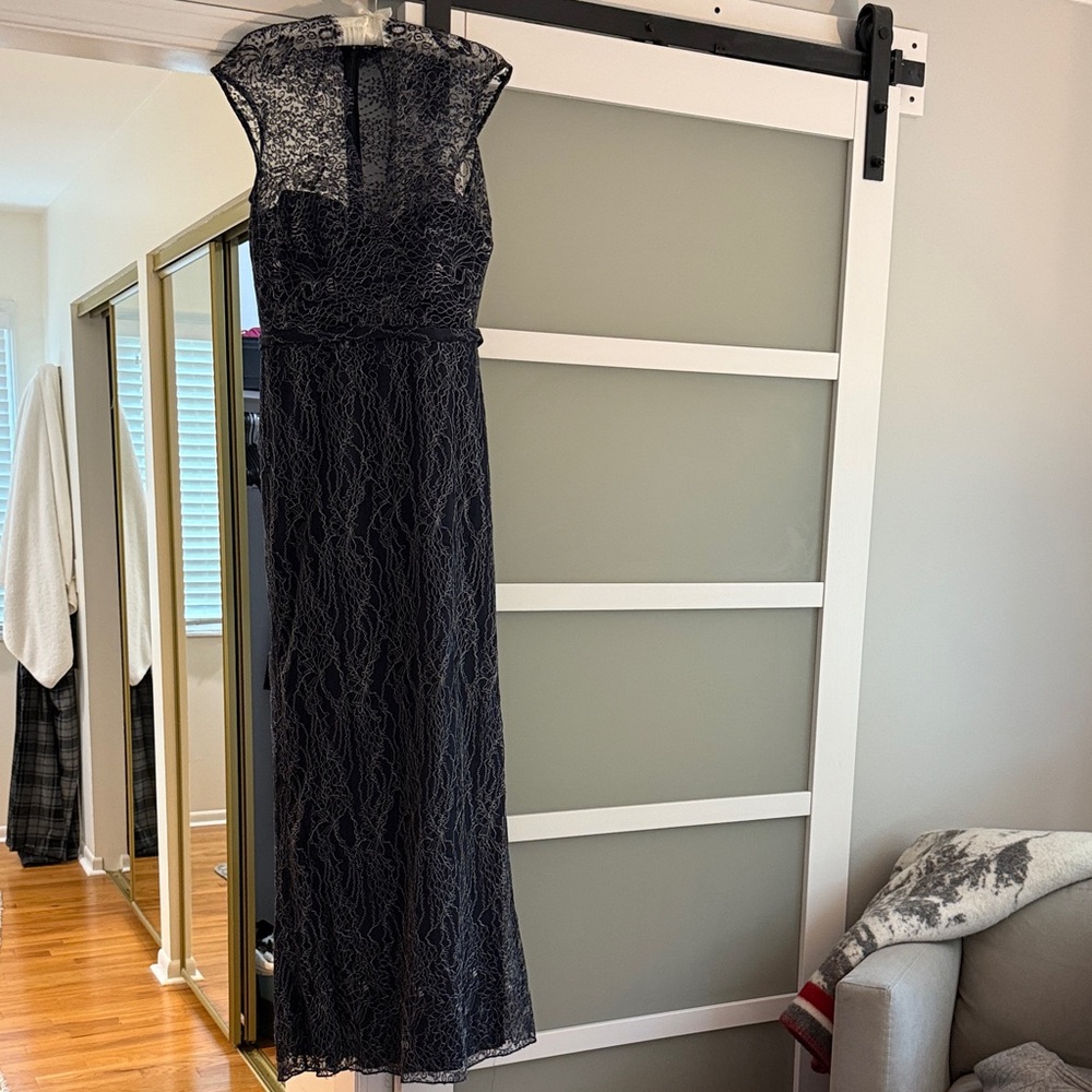 Theia Black Lace Maxi Dress navy and silver lace prom gown size 8